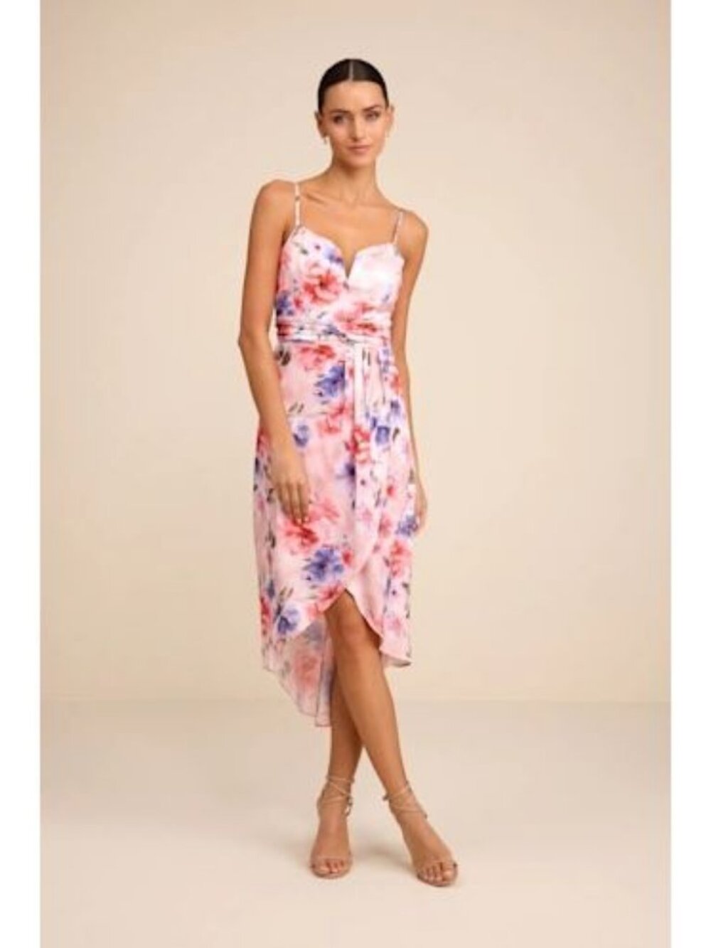 Lulus NWT My Favorite Day Light Pink Floral Print Tulip Skirt Midi Dress Small